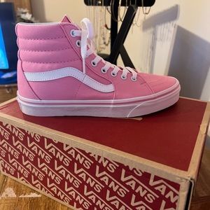 Pink & White Canvas High Top Vans. Size 6.5 Men, 8 Women